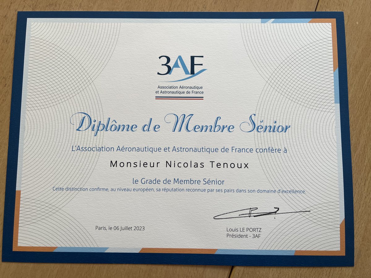 Aero_Nico's tweet photo. 🌟 Remise de Prix 🌟
Cher tous,
J’ai l’immense plaisir de vous annoncer que je suis élevé au Grade de membre Senior (Associate Fellow) de l’Association Aéronautique et Astronautique de France (3AF).
@3AFasso
#3AF #association #aeronautique #astronaute #espace #france #prix https://t.co/gplBq4S3a9