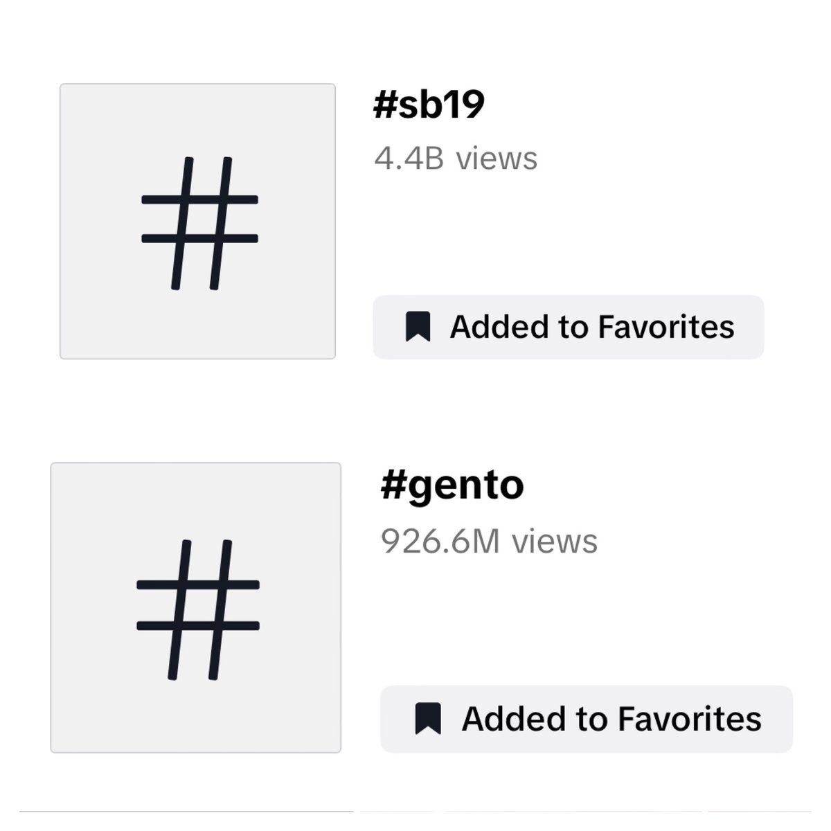 SB19 TikTok Viral Hashtags

#SB19  4.4B views
#GENTO  926.6M views

Let’s get that 1B views for GENTO

<a href="/SB19Official/">SB19 Official</a> #SB19 #SB19GENTO #PAGTATAG #SB19PAGTATAG