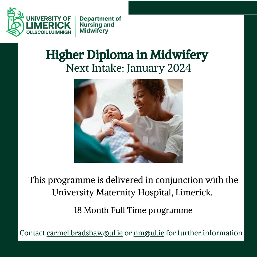 The next intake for the Higher Diploma in Midwifery is in January 2024.

The campaign for the January intake will open in mid-July 2023 for a four-week period, with interviews planned for mid-September.

Visit ul.ie/nursing-midwif… for information on how to apply  

#StudyatUL
