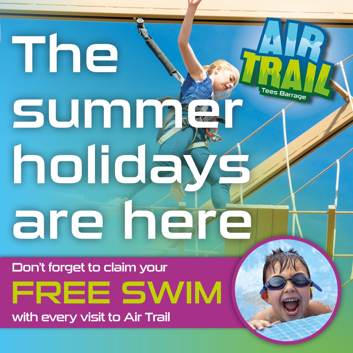 🎉 THE HOLIDAYS ARE HERE 🎉
☁ Take to the clouds with a 60 minute Air Trail Adventure
💦 Then make a splash with a FREE junior swimming session at any Tees Active pool
Start your summer adventure and book online now🌞
teesactive.co.uk/air-trail-offe…