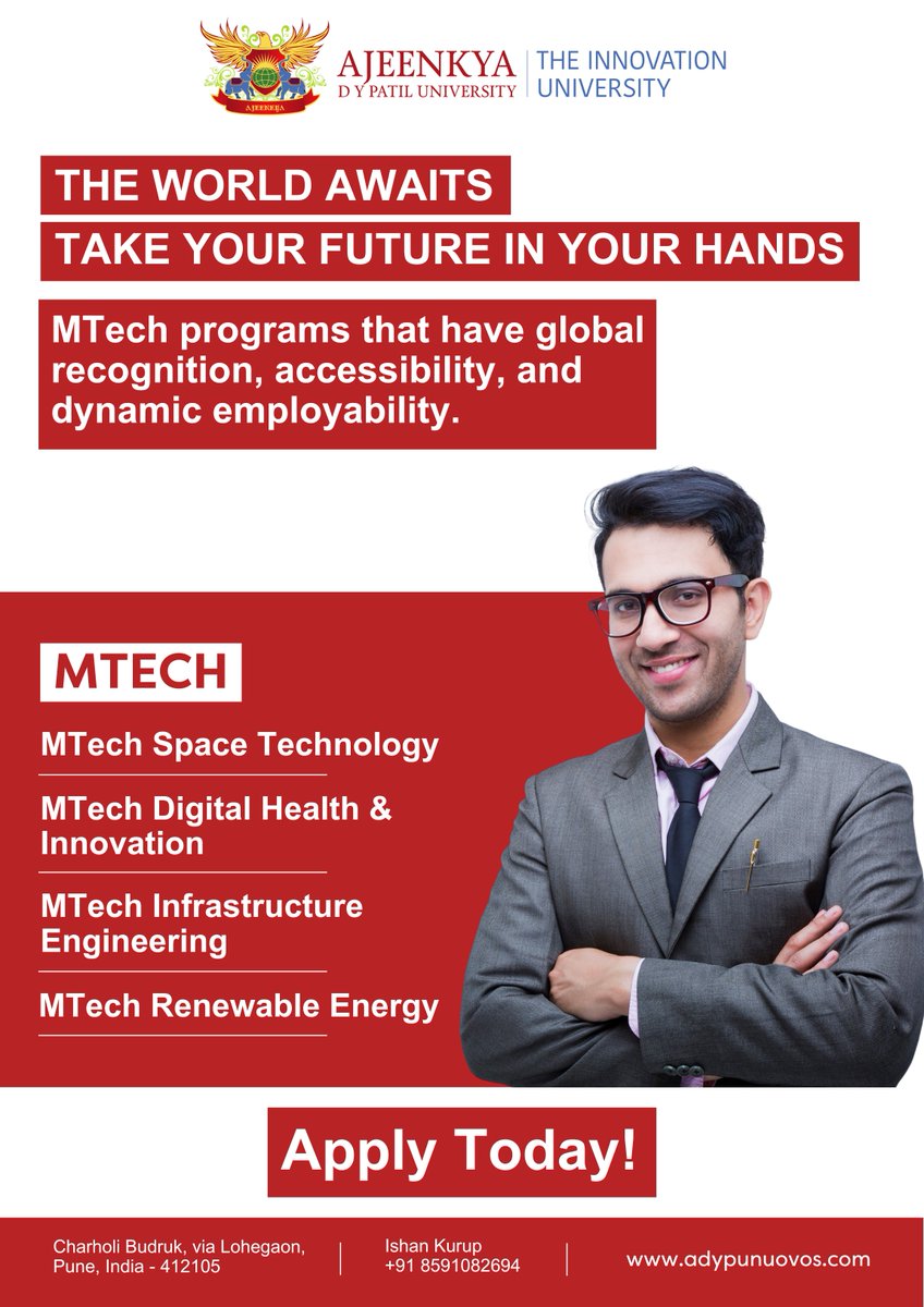 Nuovos_ADYPU's tweet image. Seeking global recognition, accessibility, and dynamic employability? Consider pursuing an MTech (Master of Technology) program that helps learners elevate their careers to new heights.
Learn More: adypunuovos.com/academics/ 
#ADYPU #MTechPrograms #GlobalRecognition
