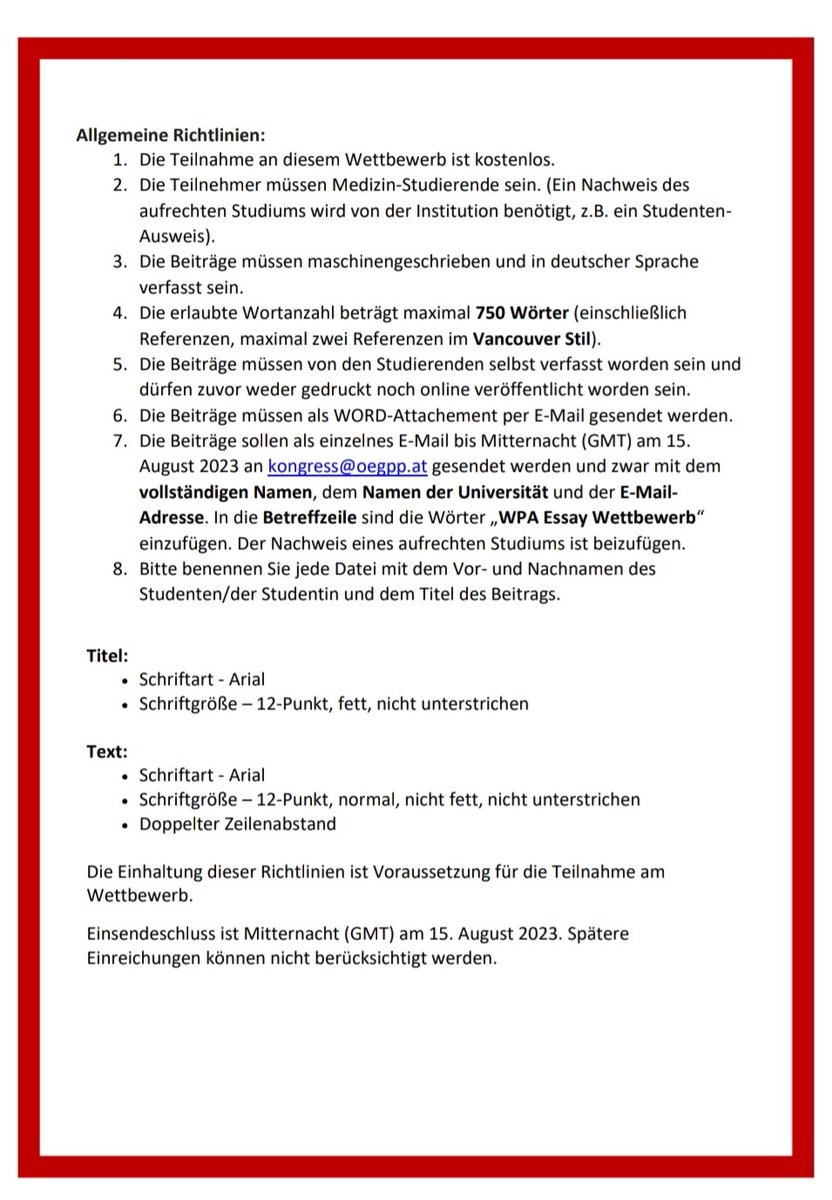 🌐 Die #WPA lädt anlässlich des #Weltkongresses für Psychiatrie in Wien (28. 9 -1.10 2023) Medizinstudent:innen  in  🇩🇪,🇨🇭,🇦🇹zu einem Essay Wettbewerb ein:

🎓„Die Schnittstellen zwischen somatischen und psychischen Krankheiten“. 

🏅Preis: 500 US-Dollar