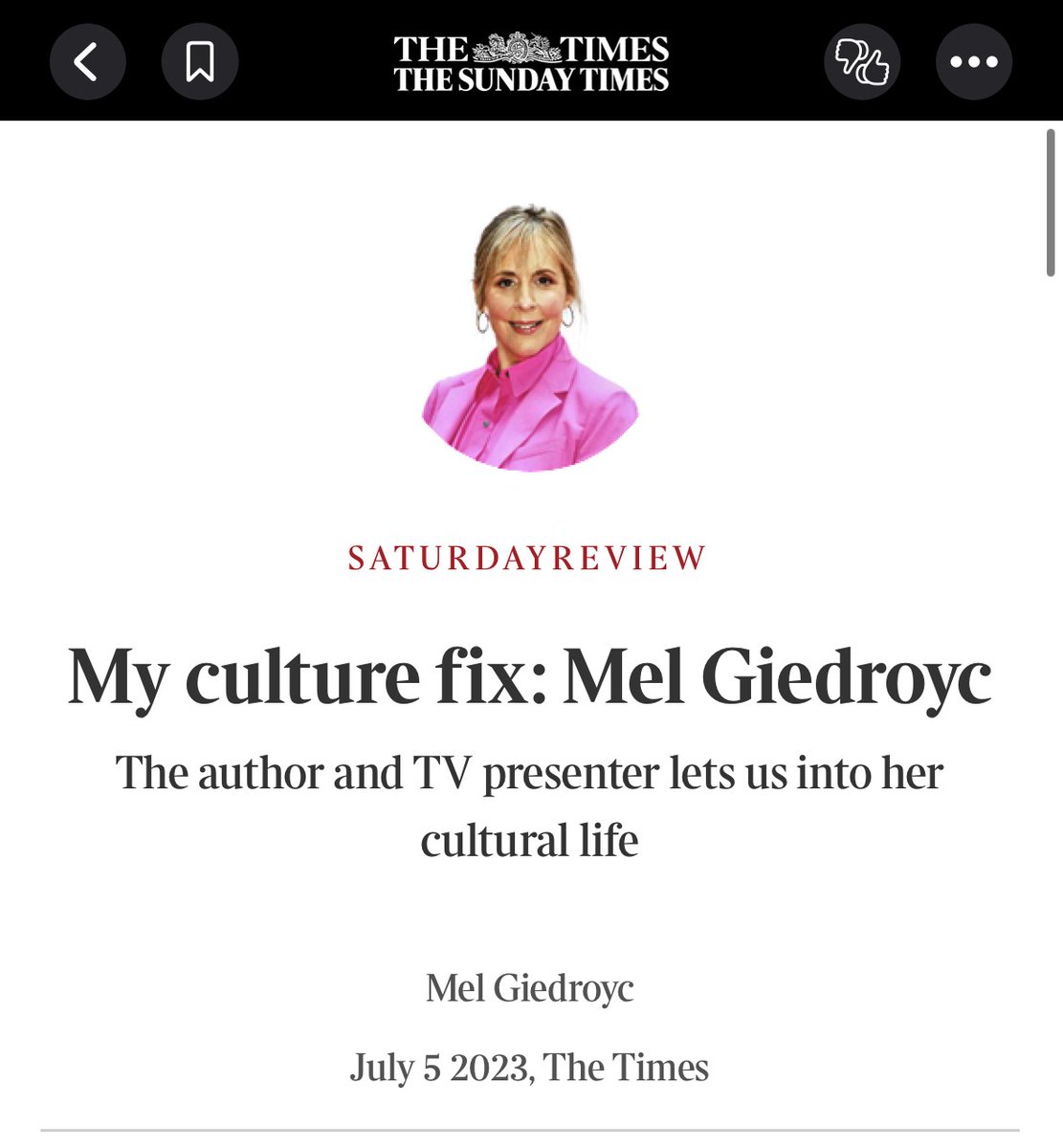 Possession is Mel Giedroyc's favourite play at the moment as she mentions in The Times, it is a MUST-SEE! 

“It's a beautiful piece about motherhood, daughter-hood...loss, regret, redemption and hope. It's always exciting seeing something totally new as well."
<a href="/thetimes/">The Times and The Sunday Times</a>