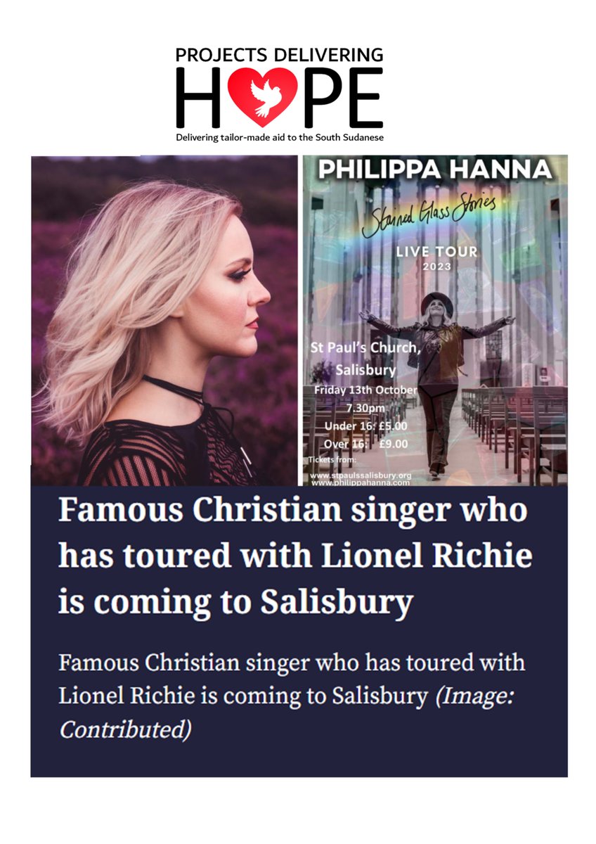 PDeliveringHope's tweet photo. Very grateful to Salisbury Journal for their post to promote our Philippa Hanna concert coming up on October 13th @7.30pm. Please like and share and help us support South Sudanese refugees.

Link  https://t.co/CTKb2TRRR4
To buy tickets https://t.co/3mmNvFKo8H https://t.co/QAiKifByTz
