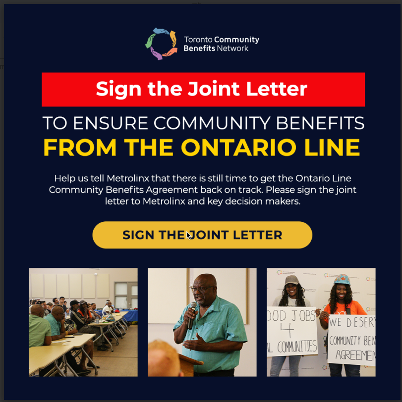The Ontario Line, Canada’s largest public infrastructure project in history, risks being built without any meaningful benefits for the community.

Sign the joint letter: lnkd.in/gWEp5z9T

#OntarioLineCBA #EmergencyTownhall2023 #AffordableTransitOrientedCommunities