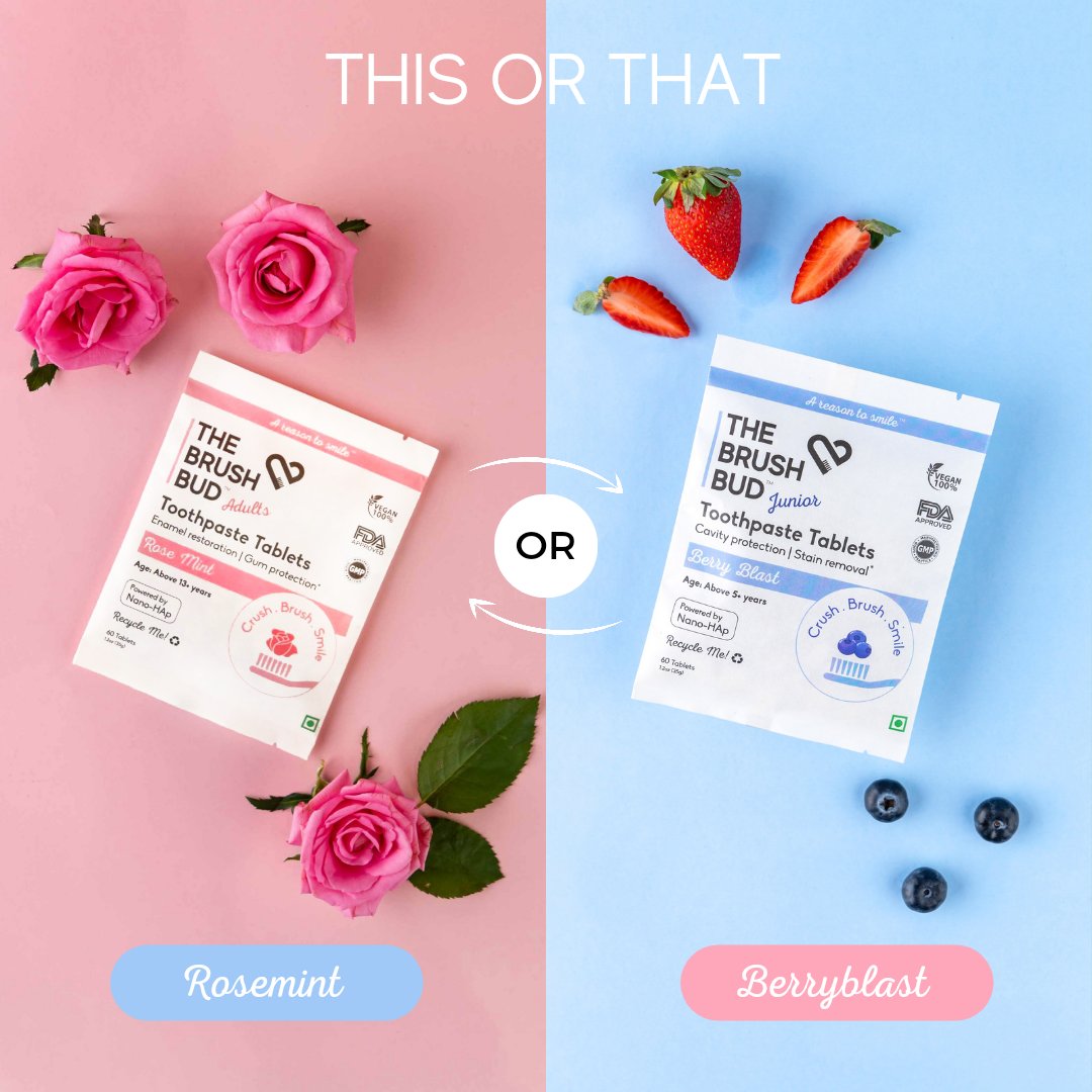 Can't decide which flavor of our delightful toothpaste tablets to try? 🌹🍃🫐

Let us help you with This or That! 

Comment below if you are Team Rose Mint or Team Berry Blast, and will make sure you have the perfect Oral Care experience 🦷😄

#thebrushbud  #toothpastetablets