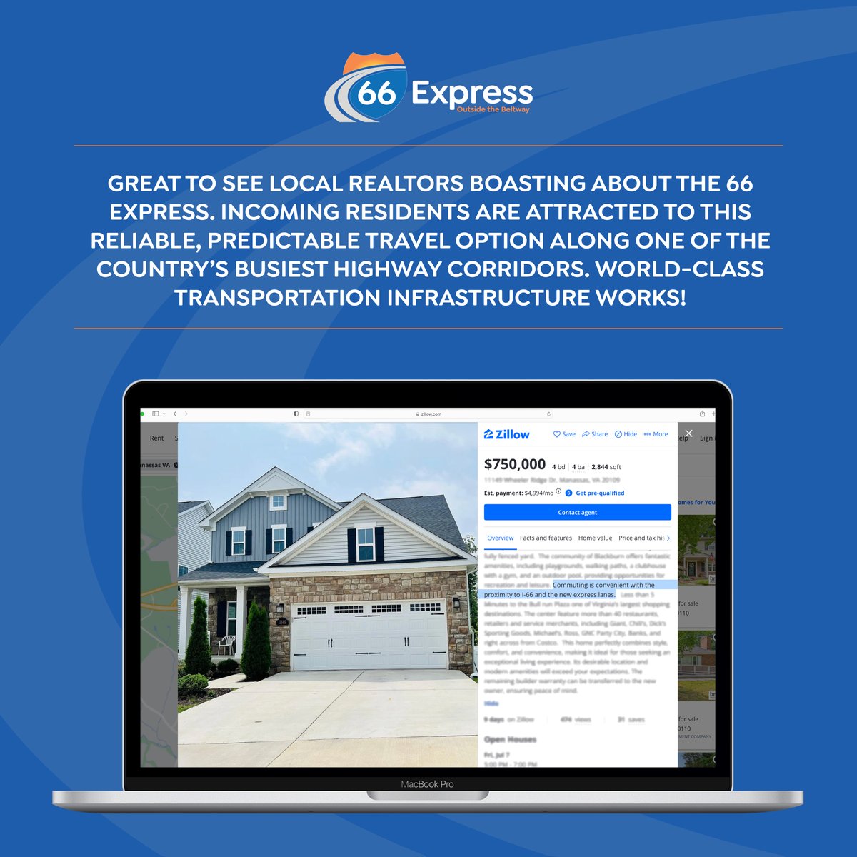 ride66express's tweet photo. Great to see local realtors boasting about the #66Express #OutsideTheBeltway. Incoming residents are attracted to this reliable, predictable travel option along one of the country's busiest highway corridors. World-class #transportation #infrastructure works! #SitLessLiveMore https://t.co/x5UuuYdOFB