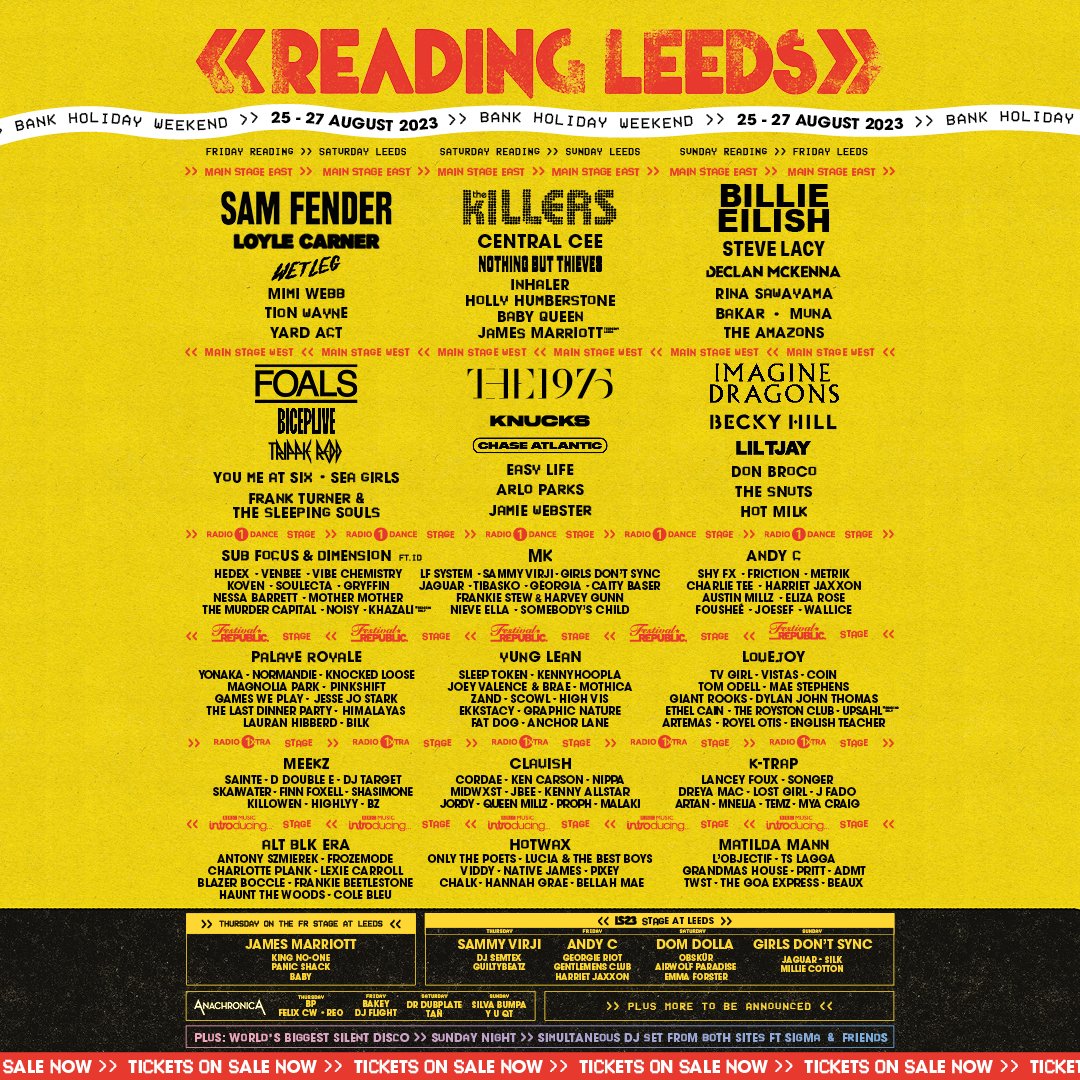 Reading &amp; Leeds Festival
25th - 27th August 2023 

‘The 1975’ 10th Anniversary Performance 
Tickets on sale now 
the1975.com/tour 
#The1975