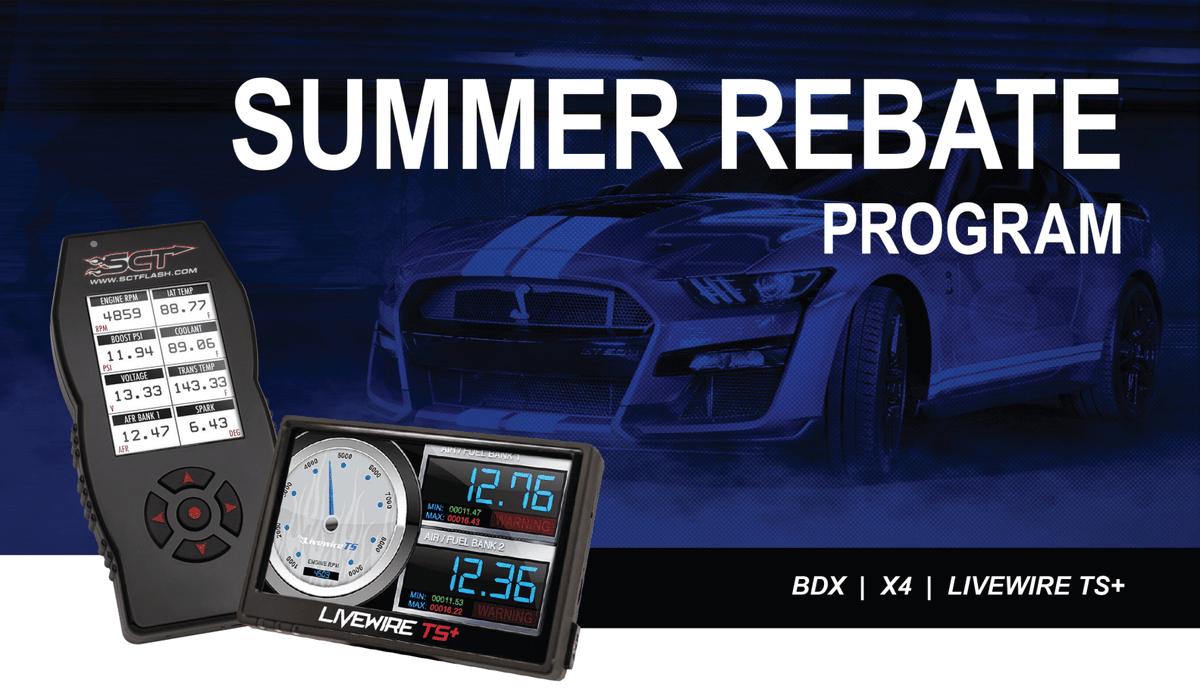 The SCT Performance Summer Rebate Program is a limited-time promotion offered by SCT Performance, a leading name in performance tuners products June 21, 2023 – July 31, 2023.  Order today and get the rebate form on our website.  buff.ly/3klMjsj