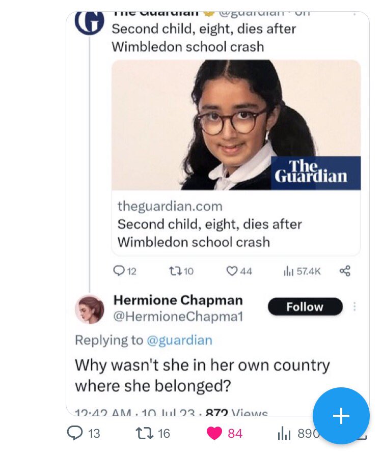 MirabelTweets1's tweet photo. Today’s huge Tw*t of the Day 

@HermioneChapma1 

Who uses the tragic death of a little 8 year old at a school in England to vomit out her evil racist bullshit on social media. 

From Australia 

Evil, evil tw*t https://t.co/zWem68ReTB