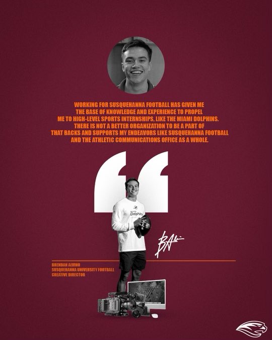 🚨🚨 ATTENTION SUSQUEHANNA STUDENTS🚨🚨

Do you love being creative and have a passion for sports?! Come join the SU Football Creative Team! <a href="/brendanalvino/">Brendan Alvino</a> started his first semester as a freshman and this summer is working w/ the <a href="/MiamiDolphins/">Miami Dolphins</a>! Please share and RT.