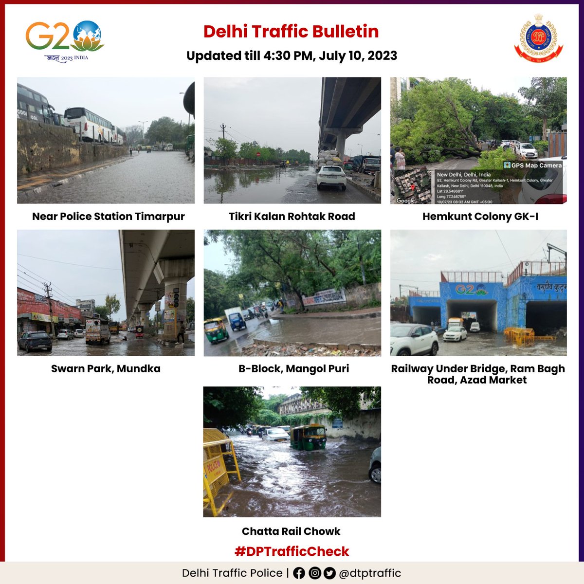 dtptraffic's tweet photo. Traffic Alert
Due to incessant #DelhiRains, some roads have been affected by water logging, fallen trees and potholes. Commuters advised to plan their journey accordingly and avoid these stretches for their convenience.
#DPTrafficCheck https://t.co/kD0WAu1InN