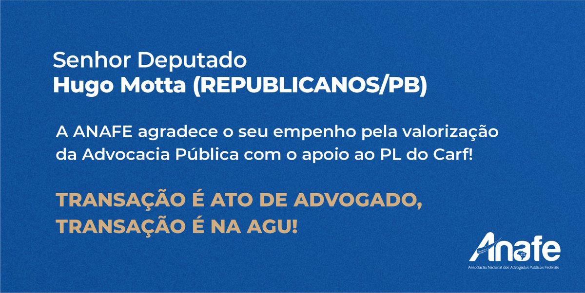 Senhor Deputado <a href="/HugoMottaPB/">Hugo Motta</a> a AGU agradece o seu apoio!

#transaçãoÉnaAGU