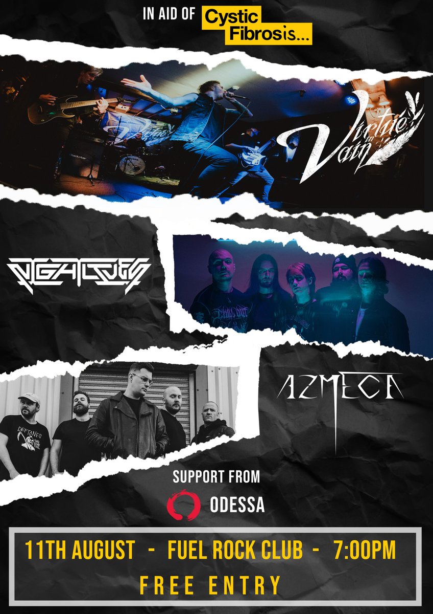 We are happy to announce we are putting on a FREE ENTRY show in support of Cystic Fibrosis Trust

We have a fantastic lineup for this show with support from <a href="/NGHTLVS/">NIGHTLIVES</a> , <a href="/azmeca_band/">gone</a> &amp; Odessa

//DONATE\\
cysticfibrosis.org.uk/donate

//EVENT PAGE\\
fb.me/e/7rqO1Vmow