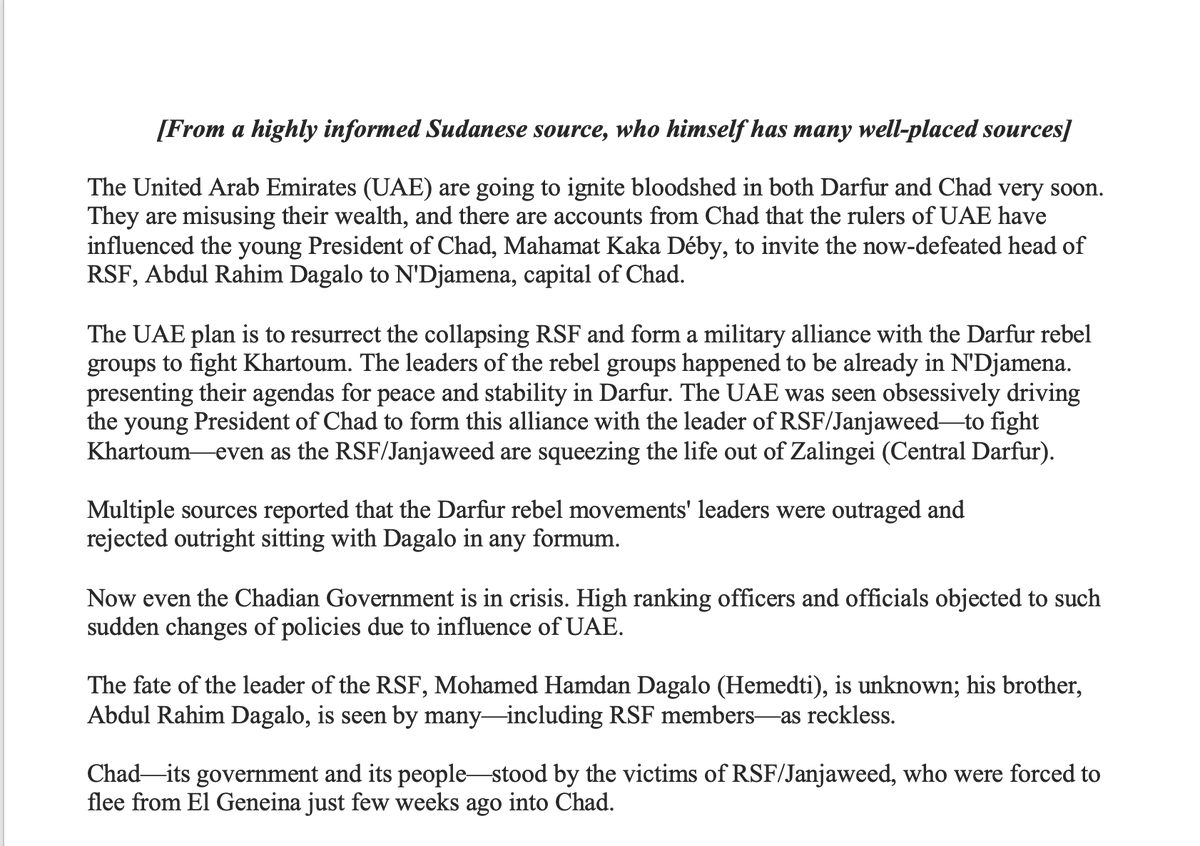 sudanreeves's tweet photo. The #UAE seem to be intent on supporting the Rapid Support Forces (#RSF) in any and all ways, including drawing #Chad into the conflict that is now moving from #Khartoum to #Darfur. International pressure on UAE leadership to halt such actions should be excruciatingly painful. https://t.co/2Lw2m5w37J