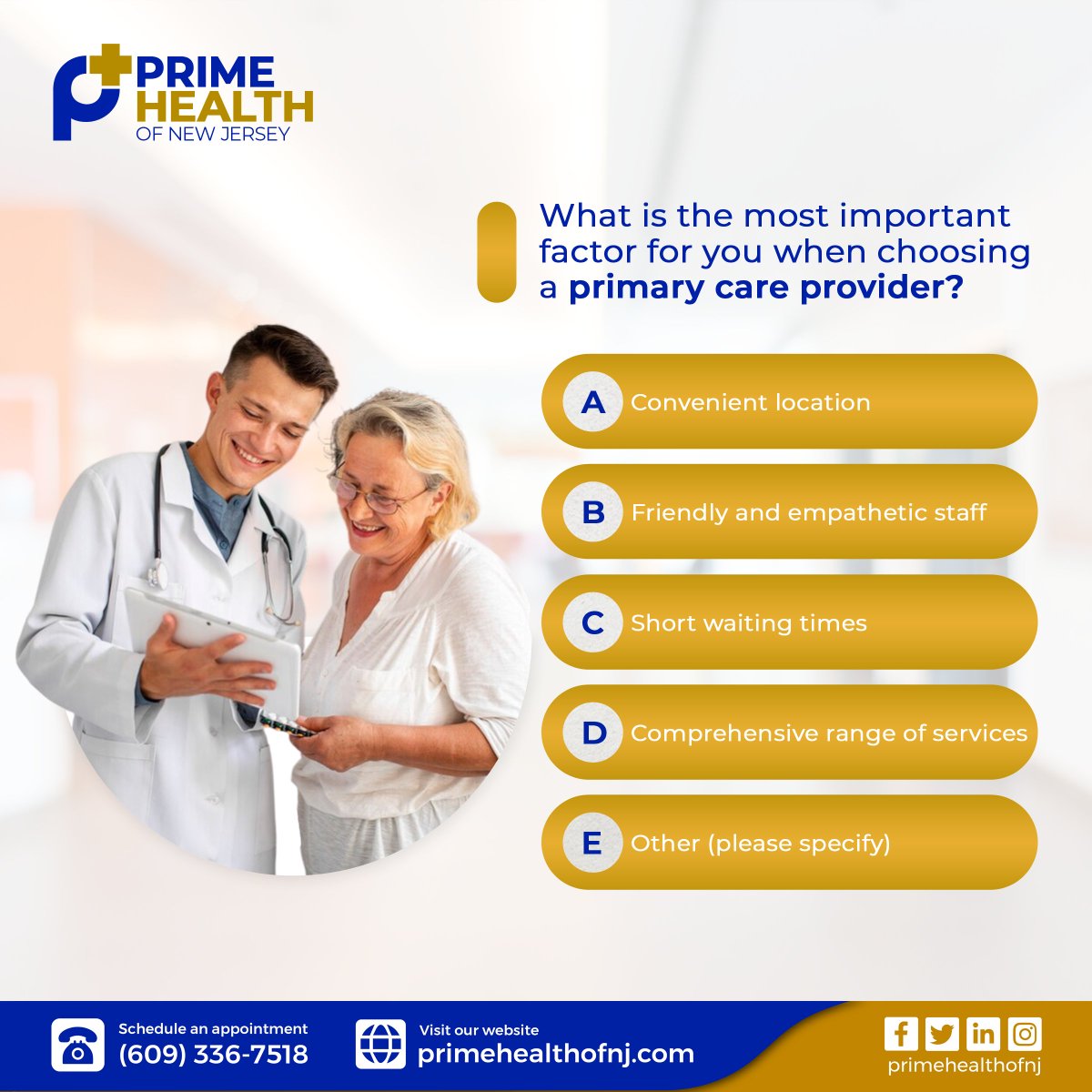 When it comes to choosing a #PrimaryCare provider, what factors matter the most to you?

Share your thoughts and help us improve primary care services!
📞 (609) 336-7518

#HealthcarePoll #PrimaryCareProvider #PatientOpinions #PrimeHealthofNJ #EastWindsor