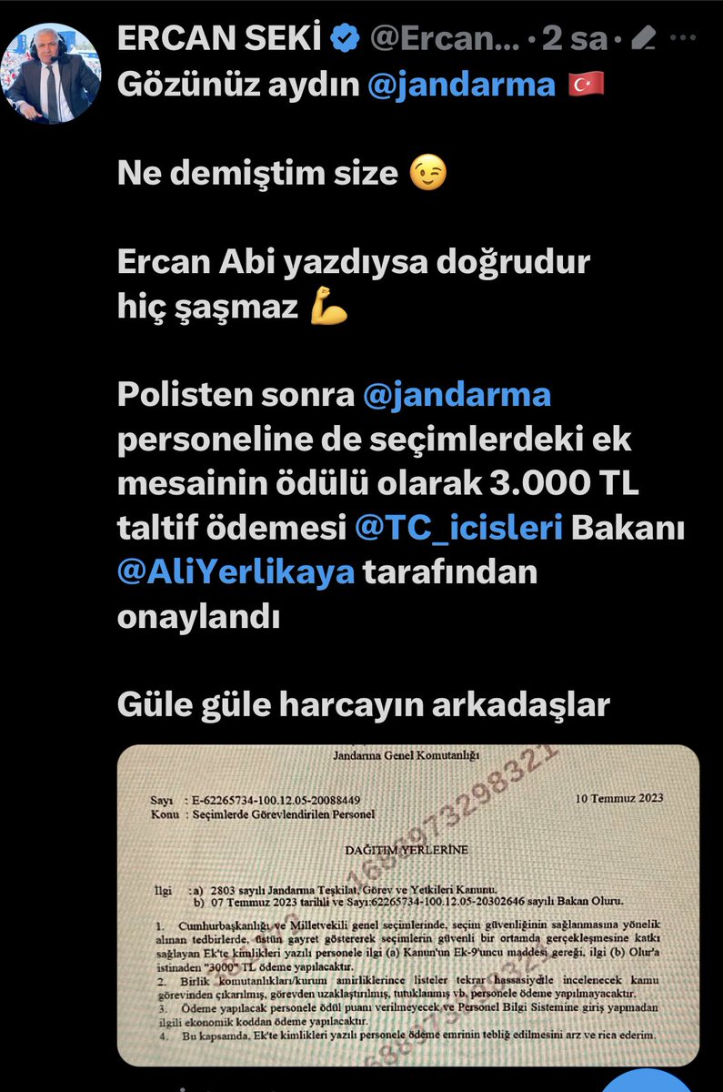 Bugüne kadar inanmadığım hiçbir konuya müdahil olmadım

Ama hamdolsun, el attığım her konuda mutlu sona ulaştım

Seçimde görev alan bütün kamu personeline para veripte #Polis ve #Jandarma’ya vermemek yanlıştı

Olmaz dedim

<a href="/suleymansoylu/">Süleyman Soylu</a> ve <a href="/AliYerlikaya/">Ali Yerlikaya</a> destekledi

Başardık 👏🇹🇷