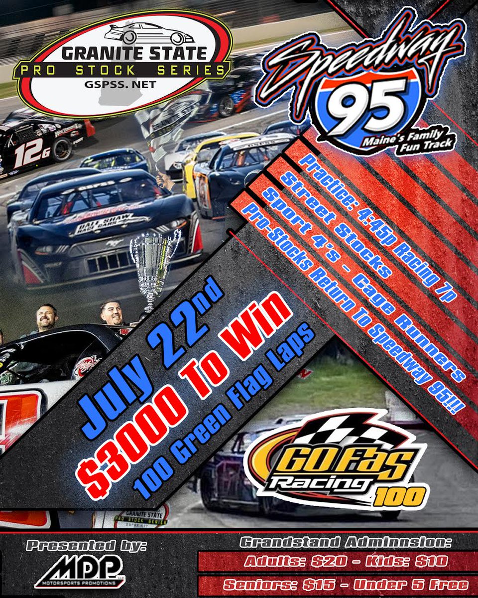 The Granite State Pro Stock Series is pleased to welcome @GoFasRacing32 to sponsor our upcoming event at Speedway 95 next Saturday, July 22! 🔥