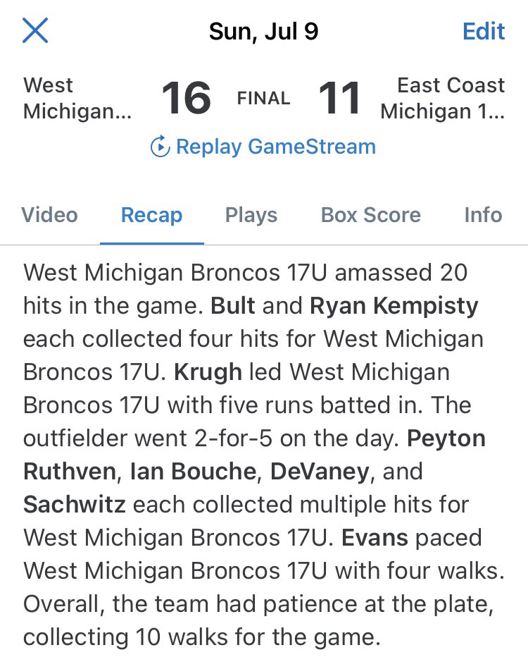 Steven Swope (@coachswope4) on Twitter photo What a BATTLE!
<a href="/BrendanTanner6/">Brendan Tanner</a> shuts the door 2.1 innings 2hits 0Runs
<a href="/brettbult2/">Brett Bult</a> 4hits 3RBI 2BB
R.Kempisty 4hits
<a href="/TSachwitz/">Thomas Sachwitz</a> 3hits
<a href="/hr_krugh/">Hunter Krugh</a> 2hits 5RBI 1BB
<a href="/devaney_landon/">Landon DeVaney</a> 2hits 4RBI
<a href="/peyytonruthven/">Peyton Ruthven</a> <a href="/BoucheIan/">Ian Bouche</a> 2hits 1RBI
<a href="/landonE72020203/">Landon Evans</a> 1hit 2RBI 4BB
<a href="/noahswope04/">Noah Swope</a> 3BB What a BATTLE!
<a href="/BrendanTanner6/">Brendan Tanner</a> shuts the door 2.1 innings 2hits 0Runs
<a href="/brettbult2/">Brett Bult</a> 4hits 3RBI 2BB
R.Kempisty 4hits
<a href="/TSachwitz/">Thomas Sachwitz</a> 3hits
<a href="/hr_krugh/">Hunter Krugh</a> 2hits 5RBI 1BB
<a href="/devaney_landon/">Landon DeVaney</a> 2hits 4RBI
<a href="/peyytonruthven/">Peyton Ruthven</a> <a href="/BoucheIan/">Ian Bouche</a> 2hits 1RBI
<a href="/landonE72020203/">Landon Evans</a> 1hit 2RBI 4BB
<a href="/noahswope04/">Noah Swope</a> 3BB