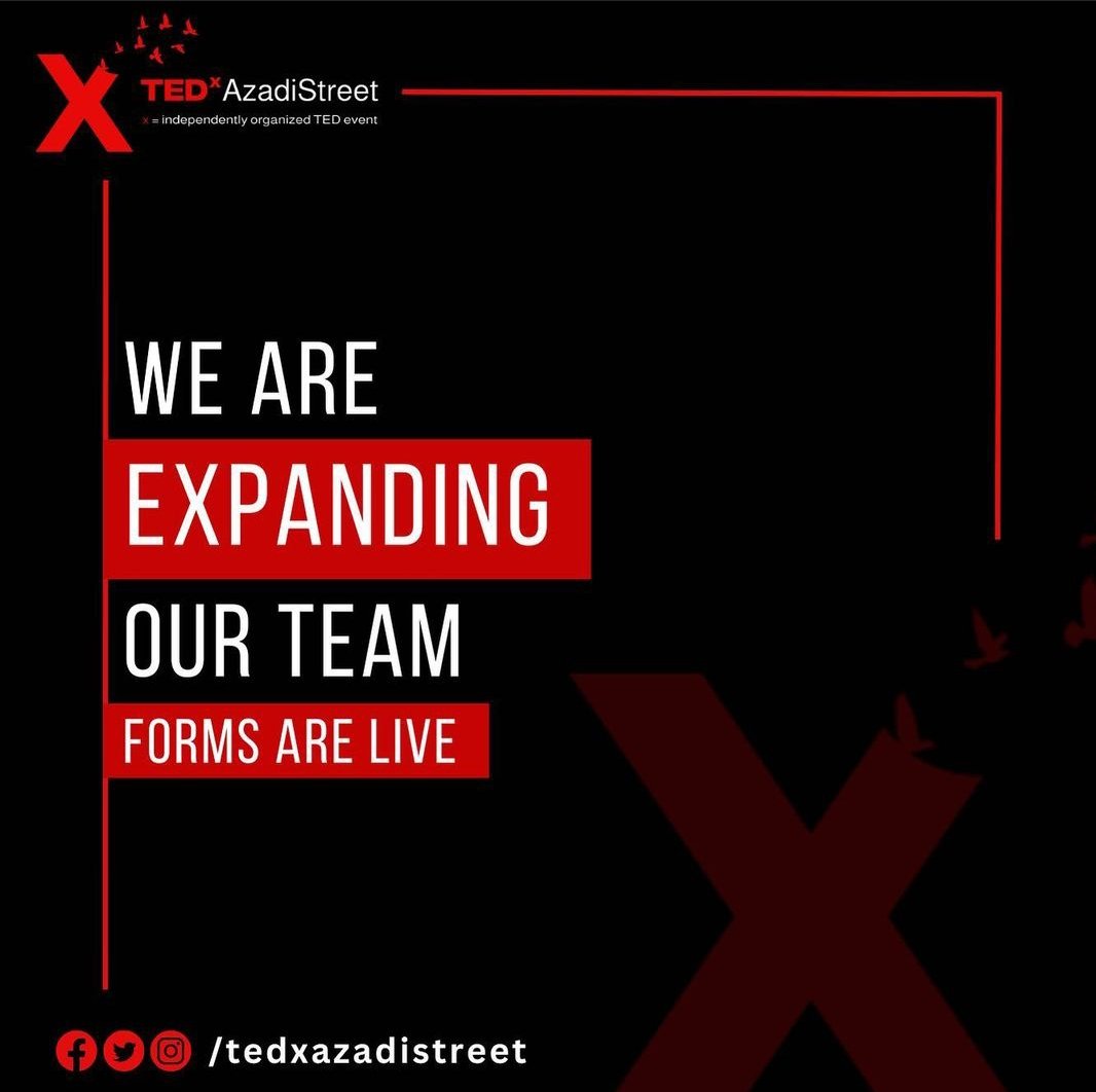 tedxazadistreet's tweet photo. TEDxAzadiStreet is calling all changemakers! 
Are you passionate about making a difference in the world? Join the TEDxAzadiStreet team and help us spread ideas worth spreading.
Registration Forms are live now!

Link Is In Bio!✨

#tedxtalks #tedxazadistreet #tedxazadistreetevent https://t.co/J5gUfEgLKO