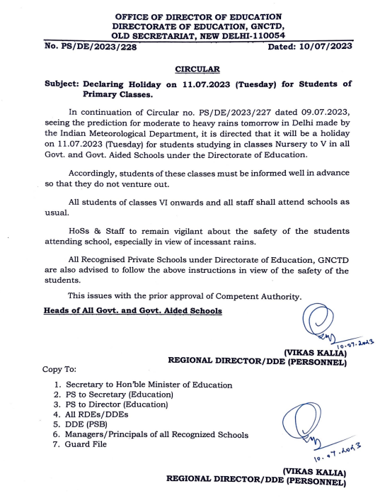 Delhi Govt's Primary Schools, MCD Schools To Remain Closed Tomorrow In View Of Heavy Rainfall