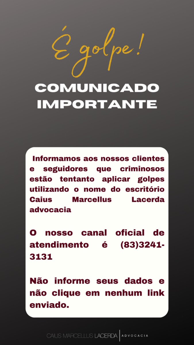 caius_marcellus's tweet photo. ATENÇÃO PARA O GOLPE COM UTILIZAÇÃO INDEVIDA DO NOSSO NOME ‼️🚨 https://t.co/PvLfTxEiq1