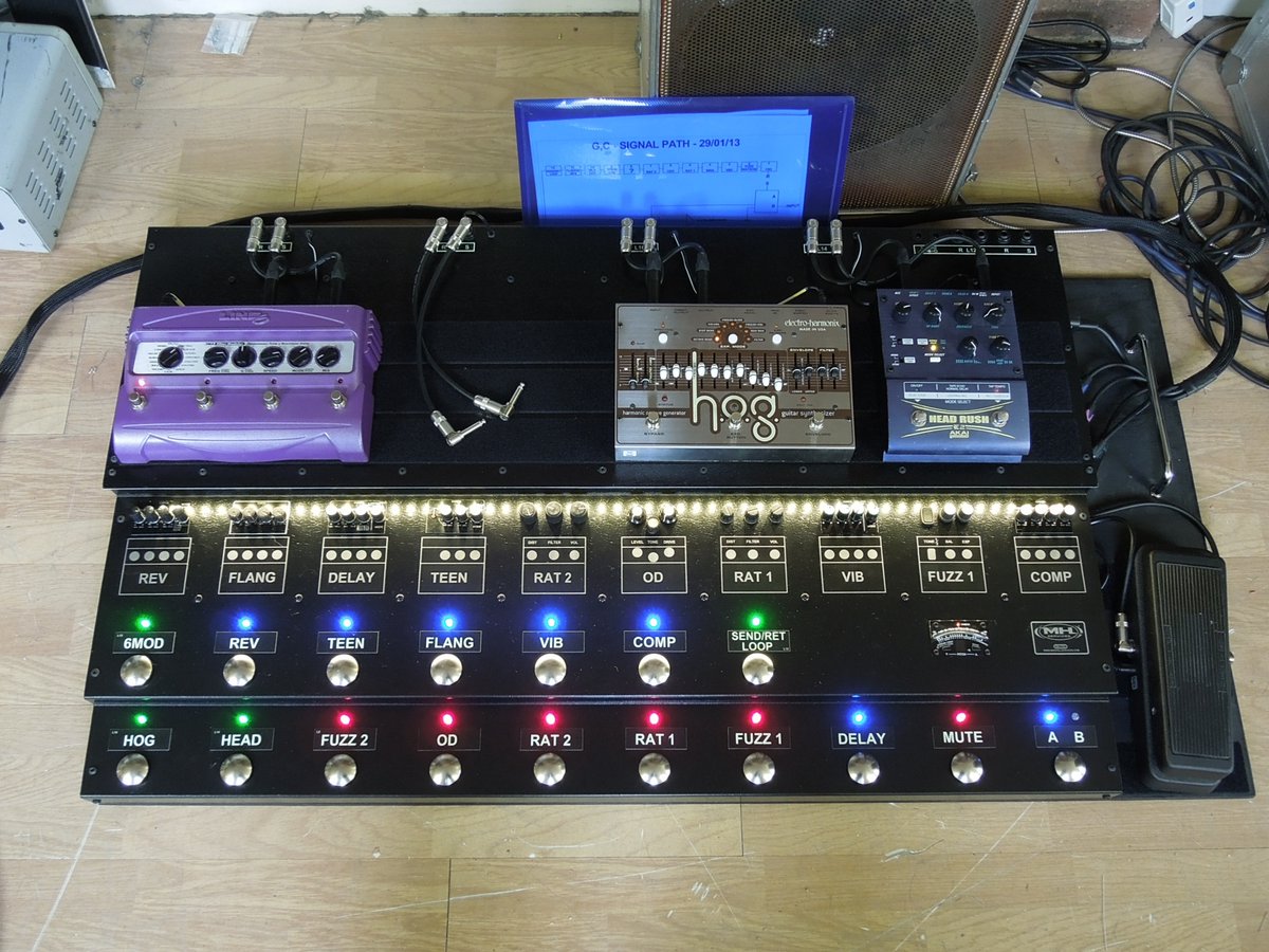MikehillMhs's tweet photo. Great pic of @grahamcoxon and his pedalboard used at @blurofficial Wembley gigs at the weekend.  Custom made by Mike Hill back in 2013 and still going strong.

#BlurWembley #MikeHillServices #MHS #Marshallamps #pedalboard https://t.co/Fo46UUQyF9