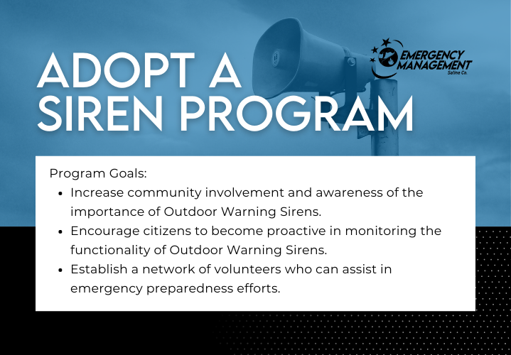 It's never too late to join the Adopt a Siren Program! Saline County Emergency Management will be sounding the Outdoor Warning Sirens today at 4p.m. 

Visit: saline-county-ks.civilspace.io/en/projects/ad… to learn more about the sirens.

#KSPrepared