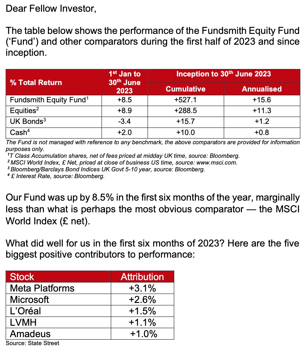 moneyandmore72's tweet photo. Fundsmith Equity Fund interim letter if this PDF link works.  First half return of 8.5% which was roughly in line with the index at 8.9% (MSCI World).  Meta and Microsoft were the two top contributors  1/n.: https://t.co/ahlpymKmTb https://t.co/IiRbwTw7R4