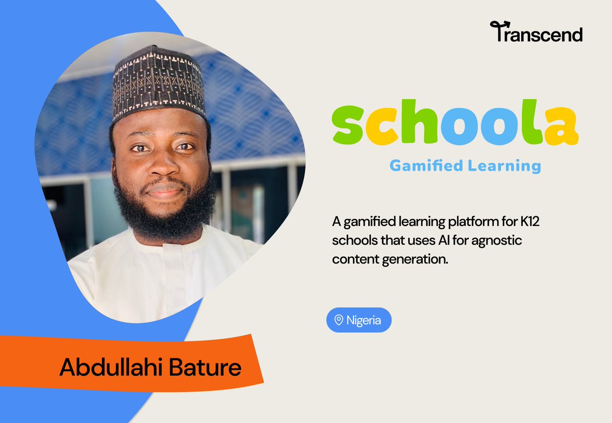 transcendnet's tweet photo. Abdullahi 🇳🇬 (@abdulbature01) is building @SchoolaAPPs  🎮

A gamified learning platform for K12 schools that uses AI for agnostic content generation 📚 https://t.co/Aj0rWFSjrY