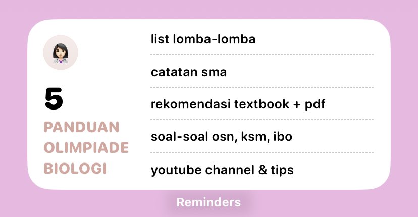mareidaily's tweet image. PANDUAN OLIMPIADE BIOLOGI📓 •₊˚🥇
: list lomba, catatan, materi osn, soal-soal ibo (international biology olympiad), rekomendasi buku untuk osn/ksn dan ksm, youtube channel, ebook, dan tips

A thread by @mareidaily ⋆·˚ ༘ *