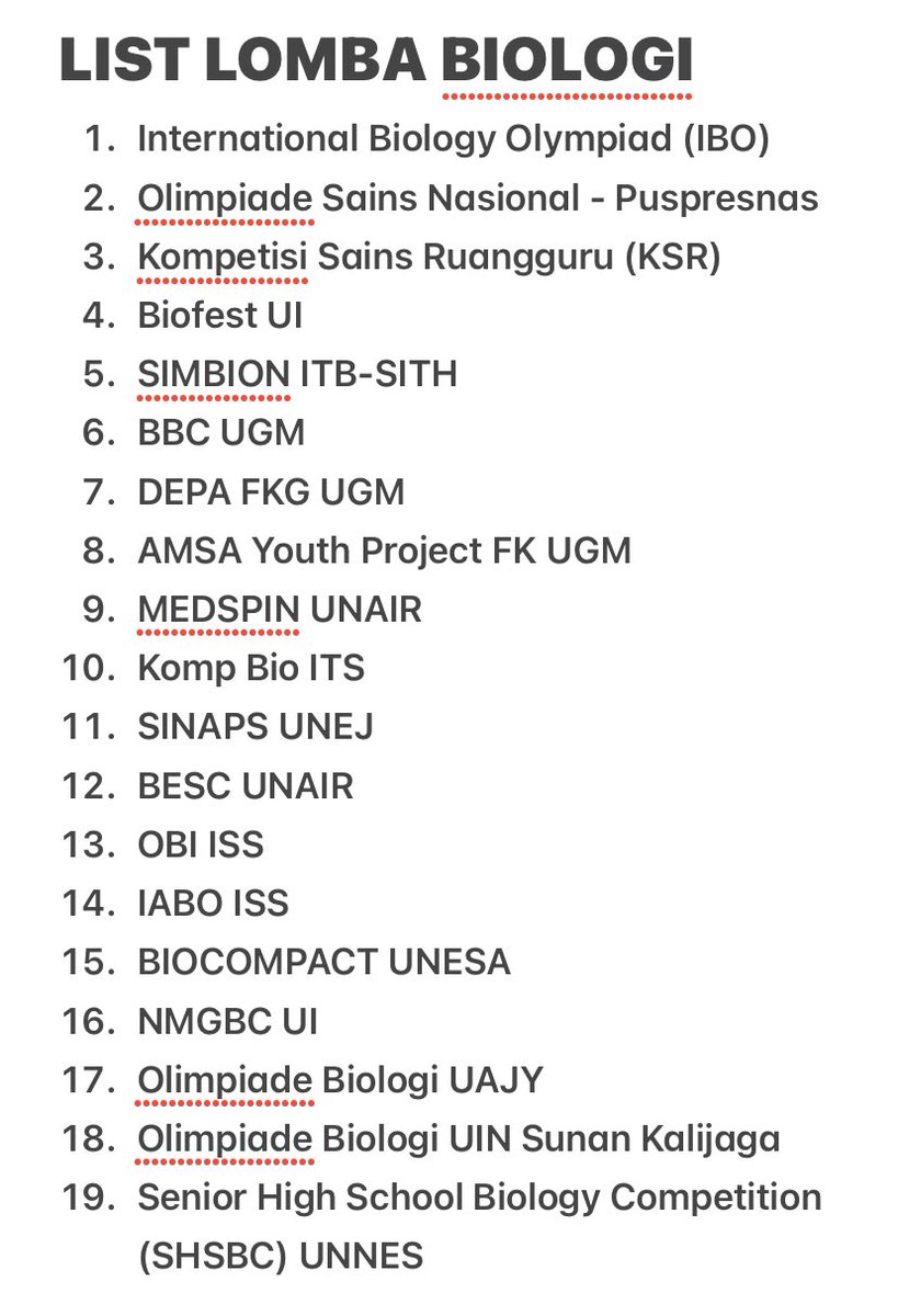 mareidaily's tweet photo. LIST LOMBA BIOLOGI ⋆ ˚｡⋆୨୧˚

hii! disini aku akan berbagi pengalaman aku dan info yg aku dapetin dari temen ku yang anak olim bio. tolong dibaca baik-baik yaa, karena thread ini udah aku atur selengkap mungkin https://t.co/PkuHywcSc8