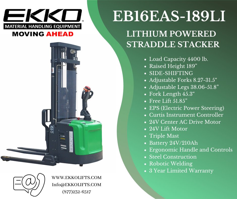 EKKOlifts's tweet image. EKKO EB16EAS-189Li Lithium Straddle stacker
4400 lbs. cap., 189&quot; lift height, side shift, free lift, Lithium ion powered with fast charge and long battery life.
ekkolifts.com
Info@ekkolifts.com
(877)232-6517
#ekko #ekkolifts #straddlestacker #lithiumbattery #lift