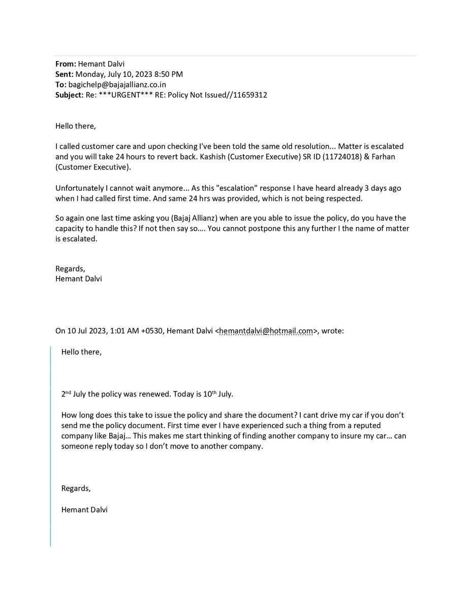 dalvihemant75's tweet photo. @BajajAllianz My car insurance was renewed on July 2, 2023 but policy not issued? customer care mail &amp; phone extend standard reply.. matter escalated. Not able to drive my car for 8 days. Any fix? Or do i look for someone else? Trace Id: 99428890 https://t.co/7jRFtHmR9d