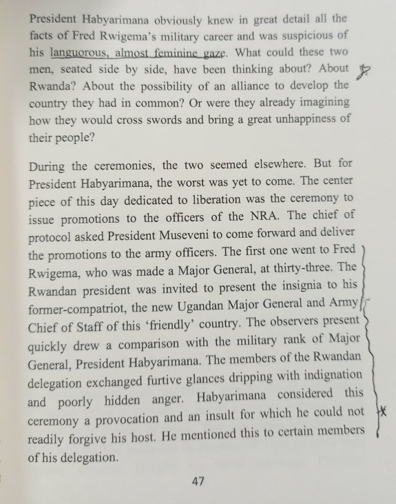 TomNdahiro's tweet photo. On 6 February 1988,when the #NRA was celebrating its 7th anniversary, Rwanda's President Juvenal Habyarimana, by then, was the guest of honour at the ceremony. According to one of the genocidaires PRO's book, promoting our hero Fred Rwigema to the rank of Major General was "... a provocation and an insult.." to Habyarimana