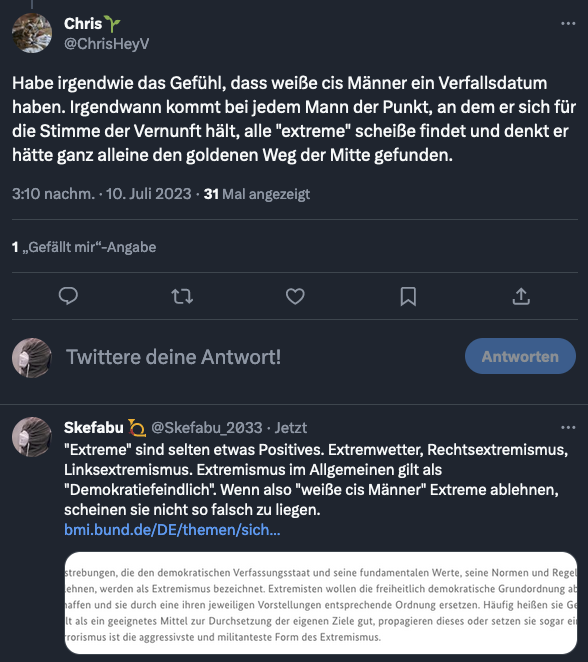 Skefabu_2034's tweet photo. Was ist denn hier passiert? Es gibt #Wokies die #Extremismus für etwas Positives halten und Menschen die Extremismus ablehnen, abwertend als überhebliche "weiße #cis #Maenner" mit "#Verfallsdatum" framen. Ich versteh das alles nicht mehr.
https://t.co/JVEtqXrf5q https://t.co/f1OlfsPIt3