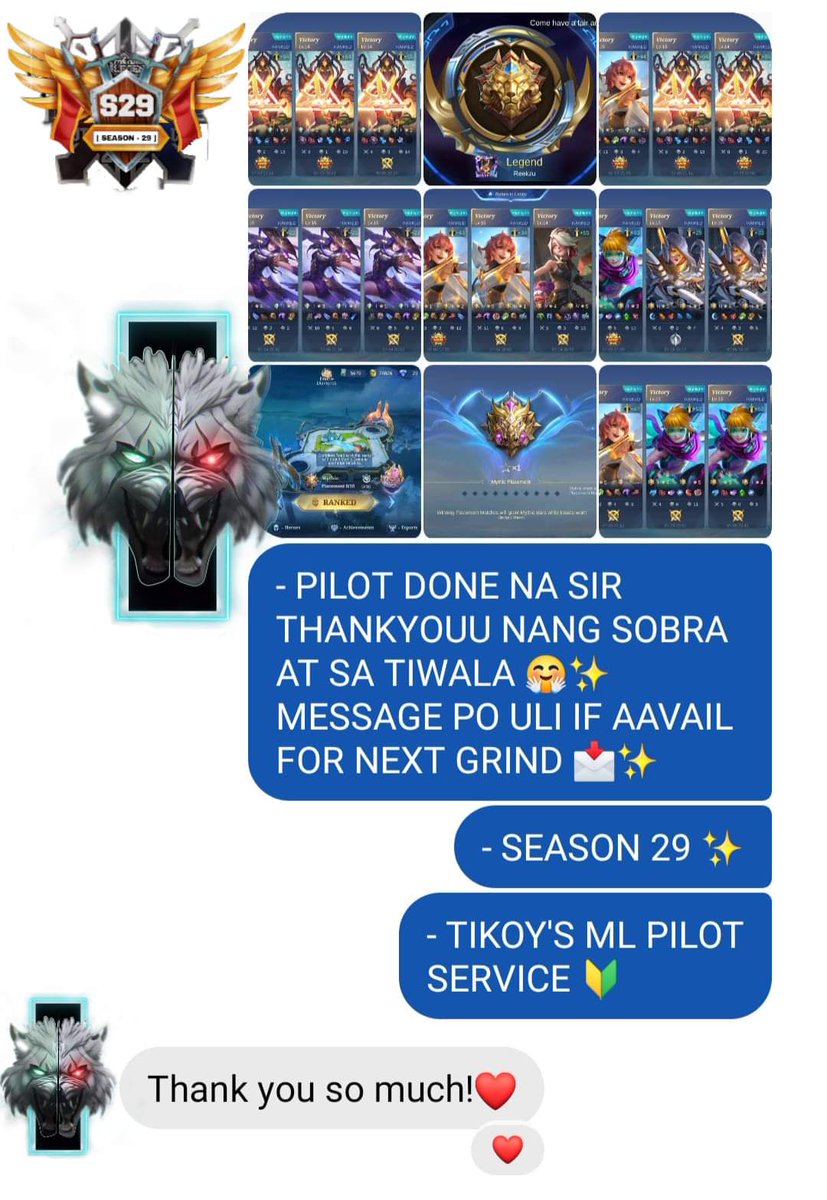 TIKOYMLPLTSRVC's tweet photo. - #2 CLIENT FOR S29 🔥

-PM/DM FOR EARLY MYTHIC/MG

- SEASON 29 IS UP! ✨

🔰 TIKOY'S ML PILOT SERVICE 

  -  [ MOBILE LEGENDS PILOT ] - 

🔸SLOT AVAILABLE ✅

#mlpilot #pilotml #mlpilot #legitpiloter #pilotml #mlbb #ml #mobilelegendspilotservice #mobilelegendsbangbang https://t.co/662uk7byQb