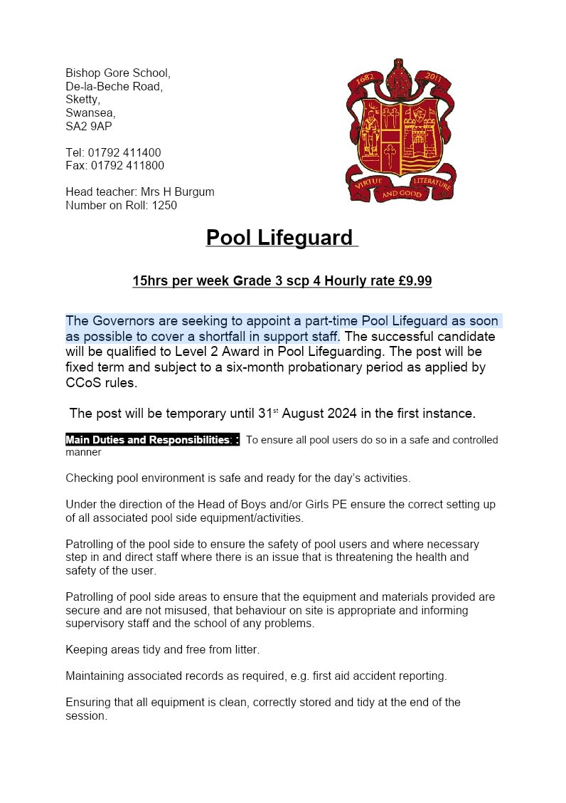 JOB VACANCY: The Governors are seeking to appoint a part-time Pool Lifeguard ASAP to cover a shortfall in support staff.
Application forms available from https://t.co/ThpUq6iulq or https://t.co/vsNBpTMM7B or from school reception. 
Closing date: 9a.m., Friday 14th July 2023. https://t.co/EoKCZjSWtt