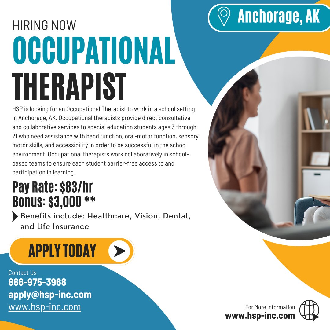 HSP_Inc's tweet photo. HSP is now hiring Occupational Therapists in Anchorage, AK.
$83/hr PLUS a $3k Bonus* Bonus will be paid in increments of 3, speak to a recruiter for more details!

#occupationaltherapist #k12 #schooljobs #school #educationsystem #k12jobs #elementary #therapist #Anchorage #AKjobs https://t.co/iAUMAnUc06