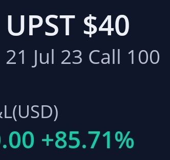 Will_Homere's tweet photo. $UPST YUP ✅️  put this trade out to the Way Up Trading group last night and 💥  the stock is up almost 7% today and calls up 85% and climbing  let's goo ! 

Link is in my Bio 

#OutcomeIncome #WayUp https://t.co/6LalfifPj8