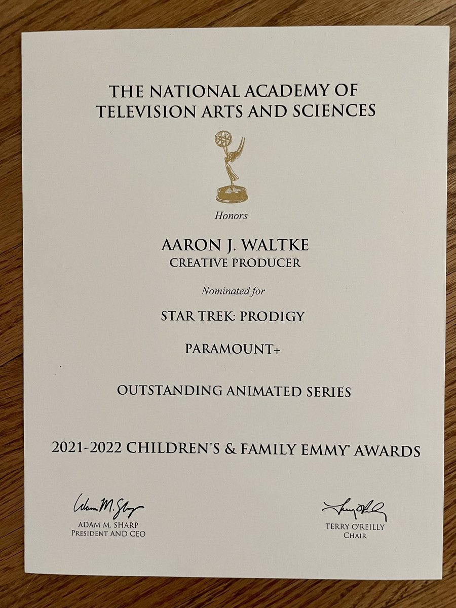 Aaron J. Waltke (@goodaaron) on Twitter photo Look what just arrived in the mail!
Thanks again to <a href="/TheAcademy/">The Academy</a> for honoring #StarTrekProdigy with a nomination for “Outstanding Animated Series.”
I’m so proud to be part of the passionate crew that brought this show to life— and I remain confident we will find a new home.🖖🏼 Look what just arrived in the mail!
Thanks again to <a href="/TheAcademy/">The Academy</a> for honoring #StarTrekProdigy with a nomination for “Outstanding Animated Series.”
I’m so proud to be part of the passionate crew that brought this show to life— and I remain confident we will find a new home.🖖🏼