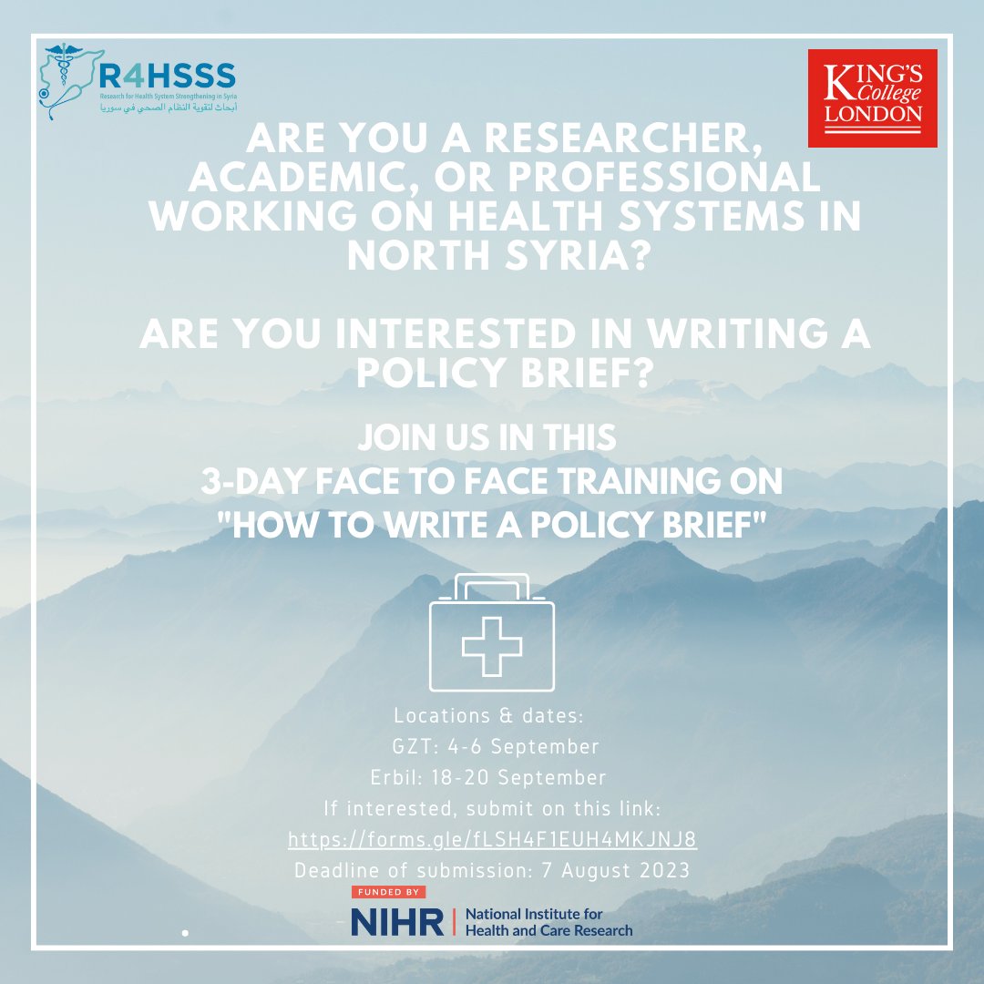 📣Are you a researcher, academic, or professional involved in health systems in northern Syria? Would you like to participate in a 3-day face to face training programme on 'How to write a policy brief'? If interested, please submit details on this link: forms.gle/fLSH4F1EUH4MKJ…