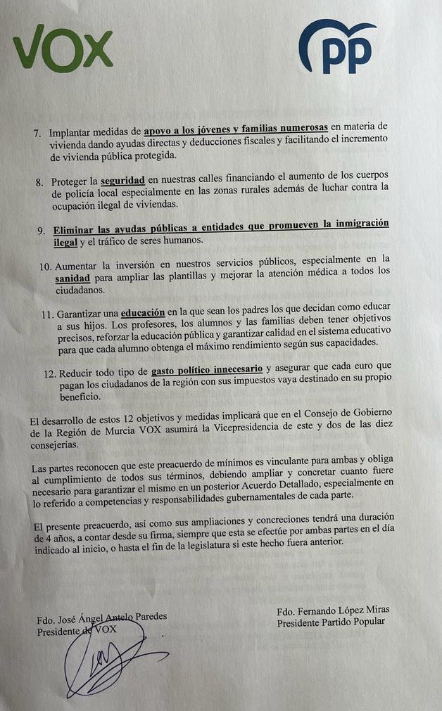 📄Este es el verdadero acuerdo firmado que ha propuesto Vox. 

El PP en la protección del Mar Menor, ni un paso atrás. 

Lo que les importa son los sillones, piden una vicepresidencia y dos consejerías, ¿de qué? 

No les importan las competencias.