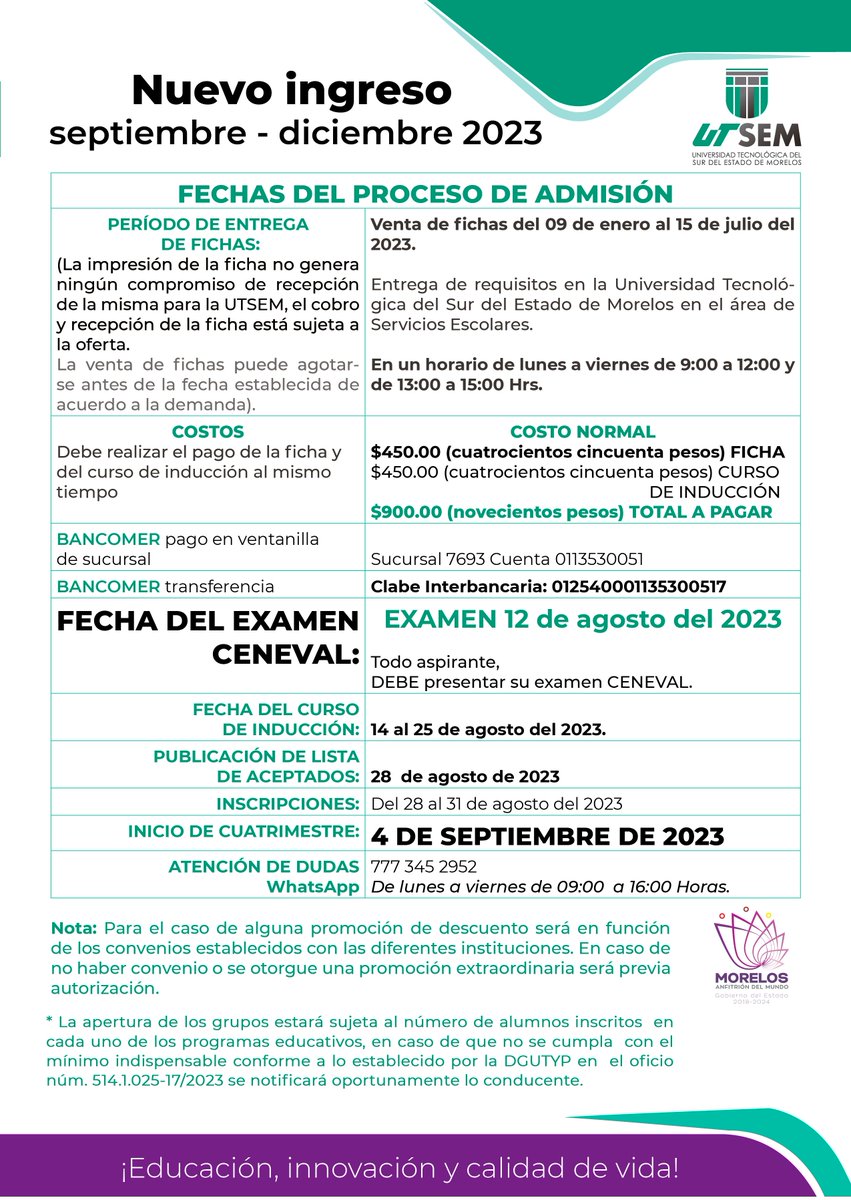GobiernoMorelos's tweet photo. ¡La Universidad Tecnológica del Sur del Estado de Morelos, tiene un lugar para ti!
Adquiere tu ficha y forma parte de la #UTSEM. https://t.co/xb5Ft2hywH