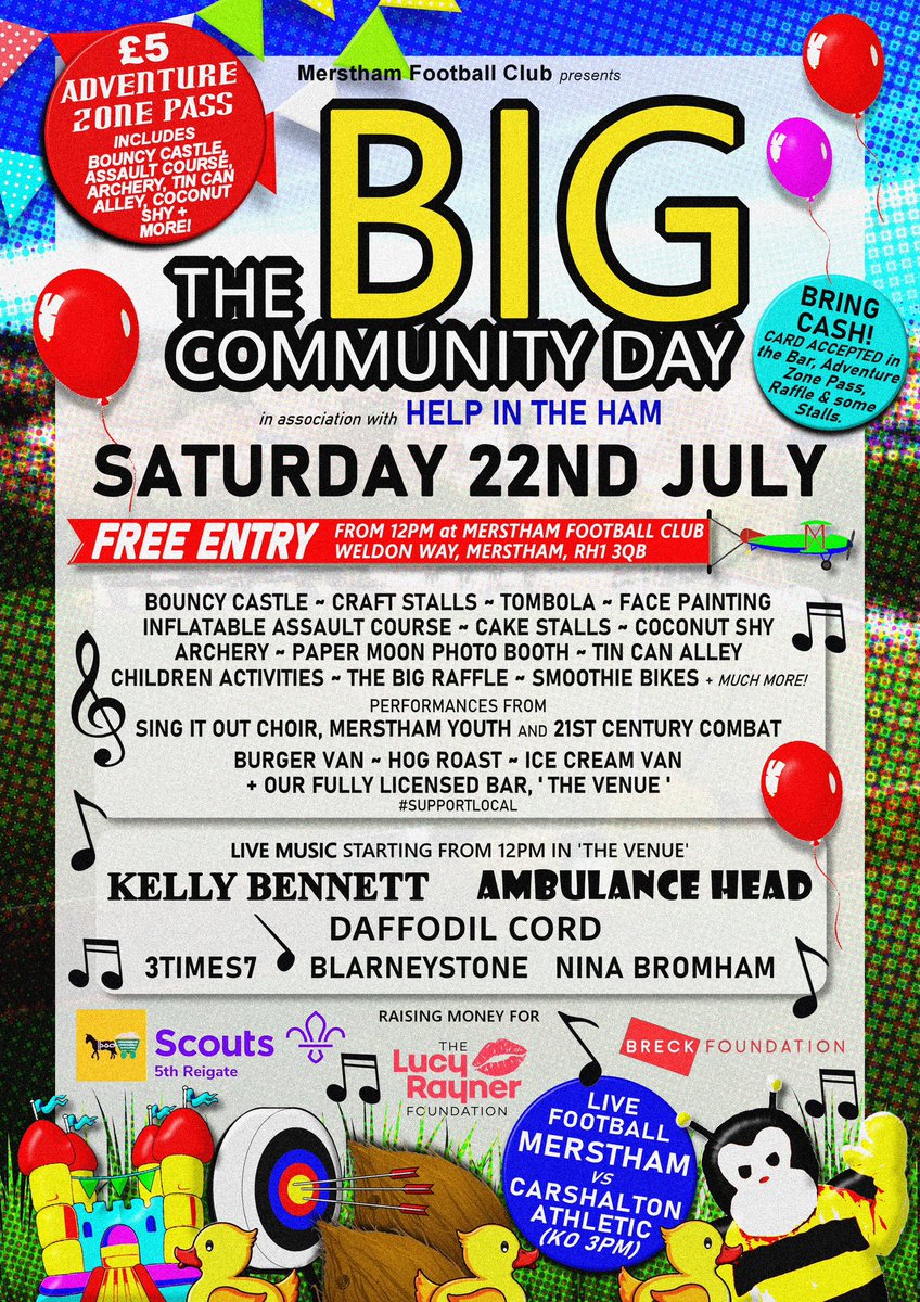 The BIGGEST Community event in Merstham is BACK in less than 2 weeks!

Join us on Saturday 22nd July to raise money for three fantastic local charities at The BIG Community Day!

Check out the amazing prizes for The BIG Raffle… THANK YOU to everyone that has donated a prize! 🙏