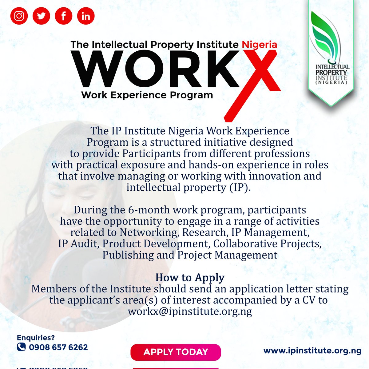 The Intellectual Property Institute Nigeria Work Experience Program is a structured initiative designed to provide Participants with practical exposure and hands-on experience in roles that involve managing or working with innovation and intellectual property (IP).
