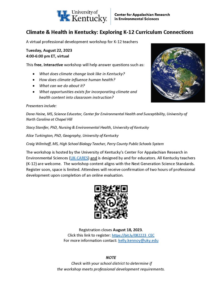 Upcoming Opportunity: #KentuckyTeacher Training on Climate and Health, Tuesday, Aug. 22, 2023
Learn more: medicine.uky.edu/centers/ukcare…