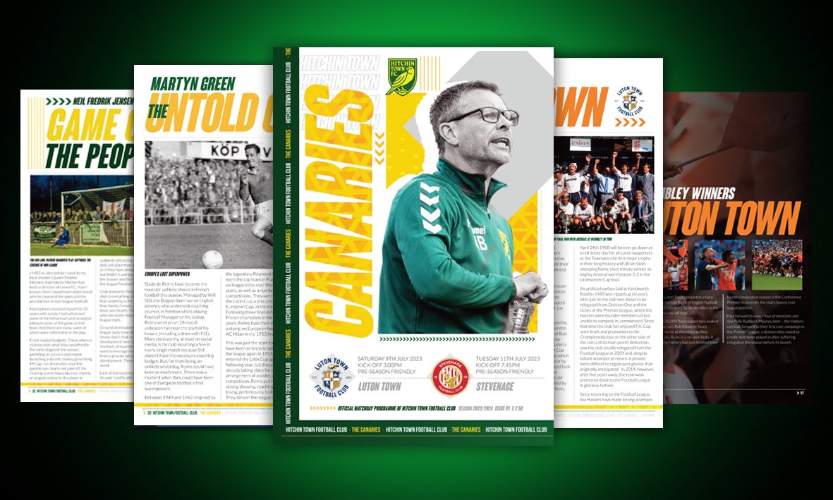 Pre-season is well underway and @HitchinTownFC welcomed a big crowd to Top Field on Saturday as they entertained Premier League new boys @LutonTown. As always, we were delighted to provide design and print for their popular matchday programme. 🟢🟡 #LutonTown #PremierLeague