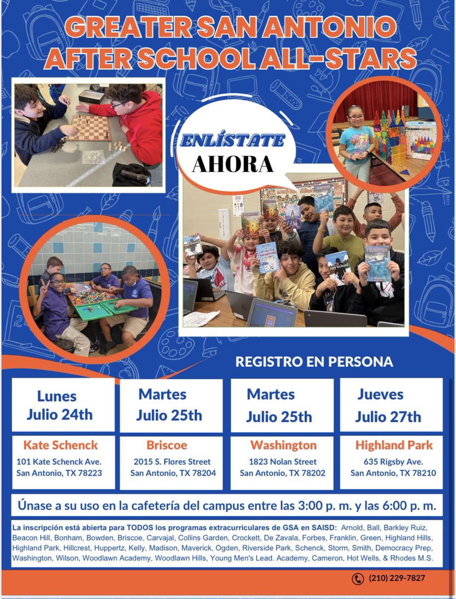 SchenckSAISD's tweet photo. Parents and guardians: Interested in our after school program?  Registration will take place at Schenck on Monday July 24th from 3-6pm. Please read the graphics for more information. 
Questions? Please call 210-229-7827 https://t.co/7ks6D36nG5