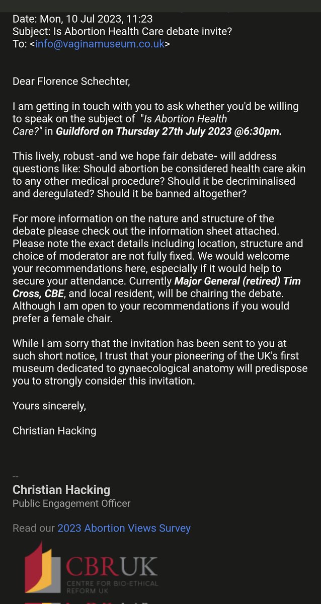 floschechter's tweet photo. today i received an invitation to debate whether abortion is healthcare with the anti-abortion group CBR UK

here was the seemingly polite request and my reply to cut through the bullshit

i am sharing to make sure no one in my network agrees to participate in this "debate" https://t.co/emRsoihbdn